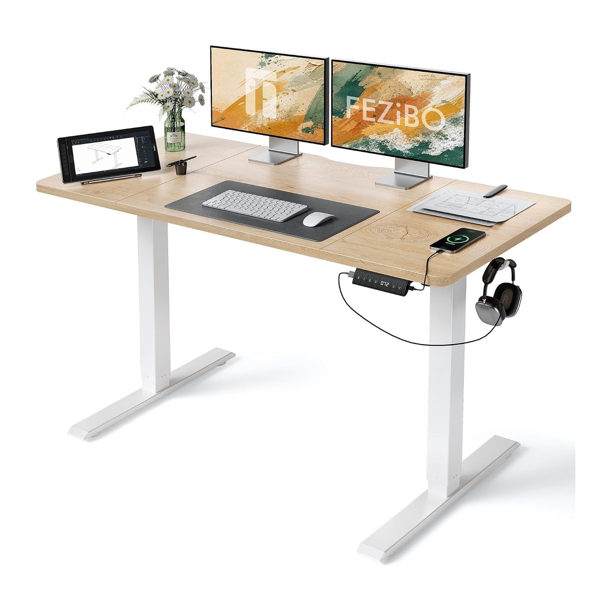 Bureau assis-debout électrique 140 × 70 cm, chêne, USB-C et USB-A